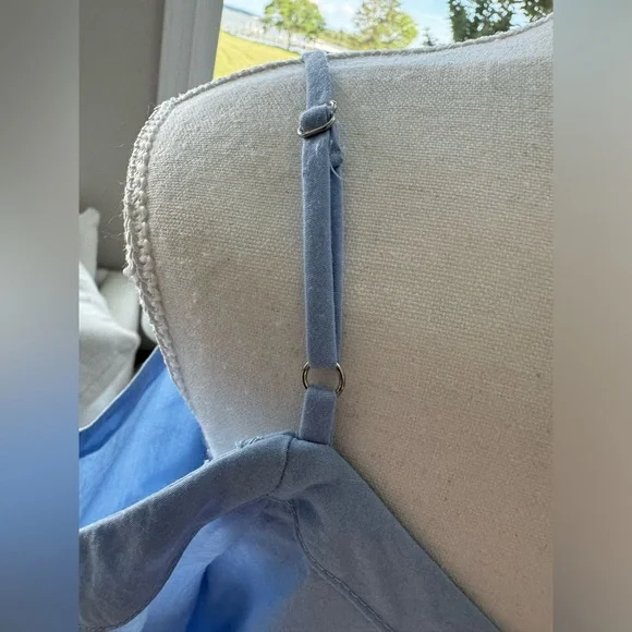 Lulus Work From Home Light Blue Poplin Button-Down Off-the-Shoulder Top Sz M - Picture 9 of 12